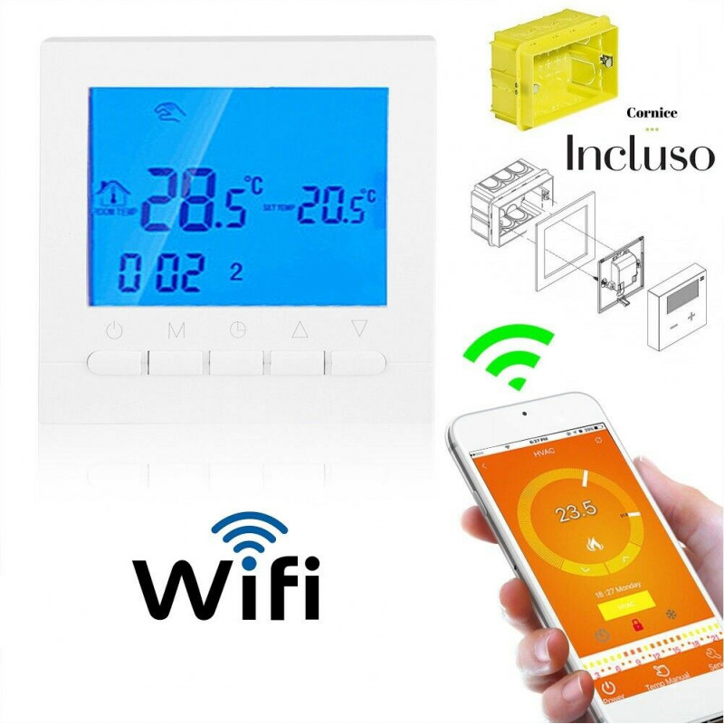 Cronotermostato Termostato Programmabile WiFi Wireless Digitale SETTIMANALE incluso cornice per cassetta 503 IOS ANDROID LCD CA
